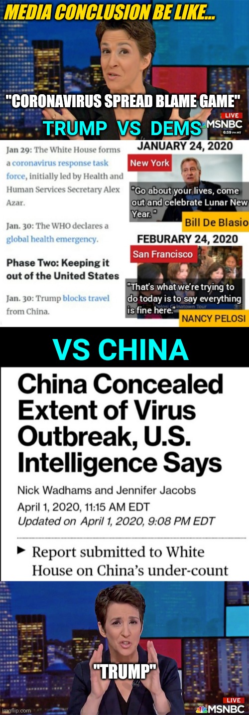 Liberal Media Blame Trump For Coronavirus Spread to Investigate Him... Again | MEDIA CONCLUSION BE LIKE... "CORONAVIRUS SPREAD BLAME GAME"; TRUMP  VS  DEMS; VS CHINA; "TRUMP" | image tagged in rachel maddow blame face,coronavirus,nevertrump,nancy pelosi,politics,election 2020 | made w/ Imgflip meme maker