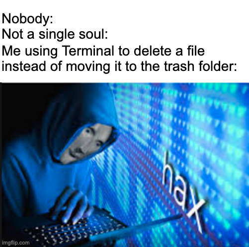 Hax | Nobody:
Not a single soul:; Me using Terminal to delete a file instead of moving it to the trash folder: | image tagged in hax | made w/ Imgflip meme maker