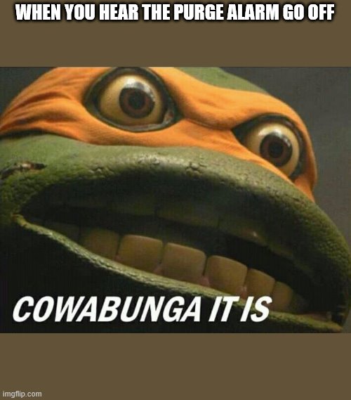 Cowabunga it is | WHEN YOU HEAR THE PURGE ALARM GO OFF | image tagged in cowabunga it is | made w/ Imgflip meme maker