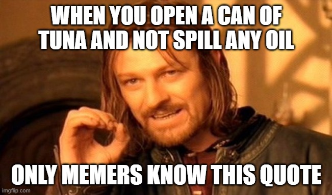 One Does Not Simply | WHEN YOU OPEN A CAN OF TUNA AND NOT SPILL ANY OIL; ONLY MEMERS KNOW THIS QUOTE | image tagged in memes,one does not simply | made w/ Imgflip meme maker