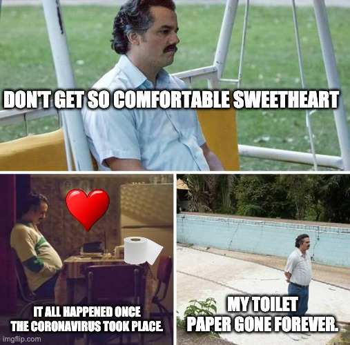 Sad Pablo Escobar Meme | DON'T GET SO COMFORTABLE SWEETHEART; IT ALL HAPPENED ONCE THE CORONAVIRUS TOOK PLACE. MY TOILET PAPER GONE FOREVER. | image tagged in memes,sad pablo escobar | made w/ Imgflip meme maker