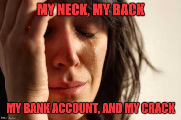 First World Problems | MY NECK, MY BACK; MY BANK ACCOUNT, AND MY CRACK | image tagged in memes,first world problems | made w/ Imgflip meme maker