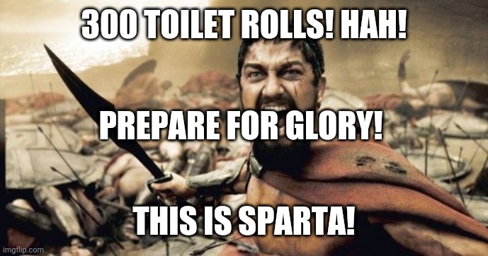 Spartans | 300 TOILET ROLLS! HAH! PREPARE FOR GLORY! THIS IS SPARTA! | image tagged in spartans | made w/ Imgflip meme maker