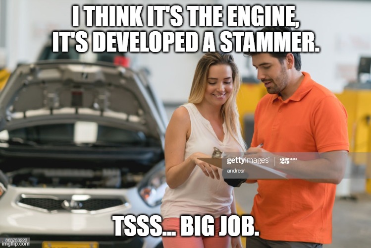 I THINK IT'S THE ENGINE, IT'S DEVELOPED A STAMMER. TSSS... BIG JOB. | image tagged in fun | made w/ Imgflip meme maker