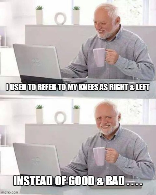 Hide the Pain Harold |  I USED TO REFER TO MY KNEES AS RIGHT & LEFT; INSTEAD OF GOOD & BAD . . . . | image tagged in hide the pain harold,funny,funny meme,funny memes,lol,too funny | made w/ Imgflip meme maker