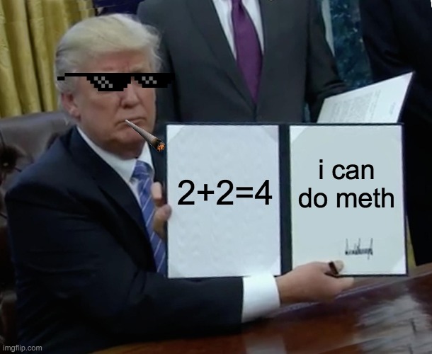 Trump Bill Signing Meme | 2+2=4; i can do meth | image tagged in memes,trump bill signing | made w/ Imgflip meme maker