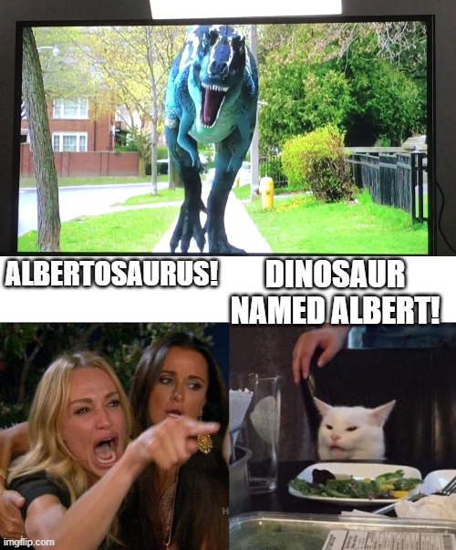 DINOSAUR NAMED ALBERT! ALBERTOSAURUS! | image tagged in memes,woman yelling at cat | made w/ Imgflip meme maker