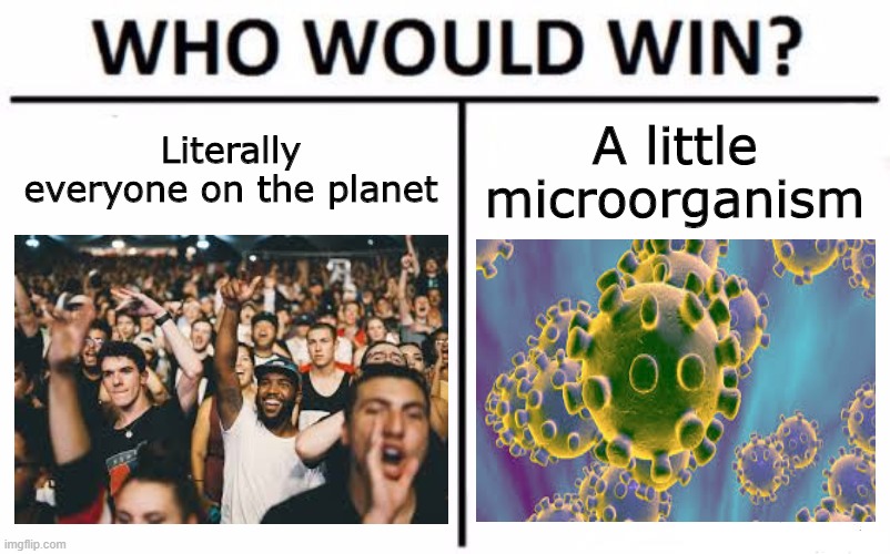 Who Would Win? Meme | Literally everyone on the planet; A little microorganism | image tagged in memes,who would win,coronavirus,covid-19 | made w/ Imgflip meme maker