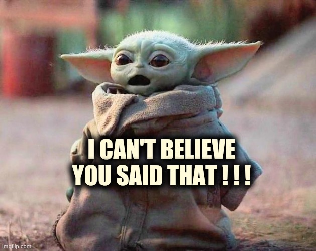 Surprised Baby Yoda | I CAN'T BELIEVE
YOU SAID THAT ! ! ! | image tagged in surprised baby yoda | made w/ Imgflip meme maker