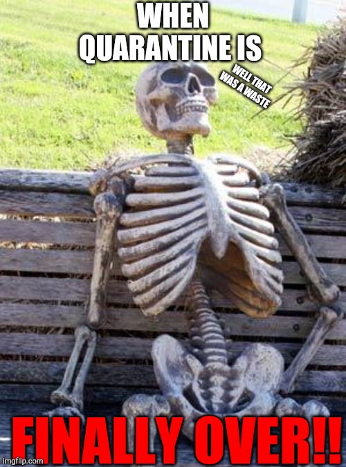 Waiting Skeleton Meme | WHEN QUARANTINE IS; WELL THAT WAS A WASTE; FINALLY OVER!! | image tagged in memes,waiting skeleton | made w/ Imgflip meme maker