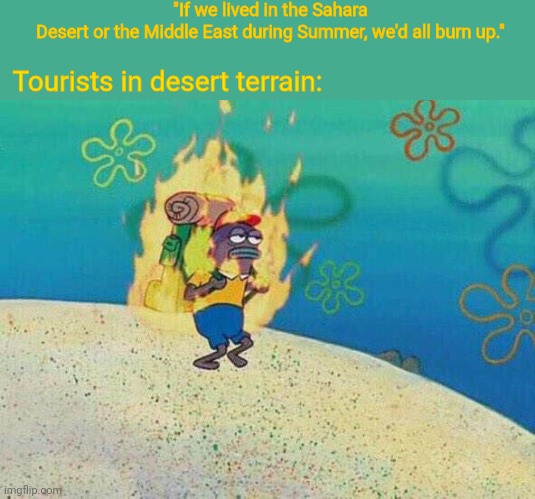 "We'd all burn up if we lived in the desert heat during Summer" | "If we lived in the Sahara Desert or the Middle East during Summer, we'd all burn up."; Tourists in desert terrain: | image tagged in burning fish spongebob,memes,weather,middle east,desert,hot weather | made w/ Imgflip meme maker