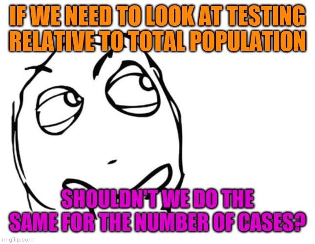 hmmm | IF WE NEED TO LOOK AT TESTING RELATIVE TO TOTAL POPULATION SHOULDN'T WE DO THE SAME FOR THE NUMBER OF CASES? | image tagged in hmmm | made w/ Imgflip meme maker