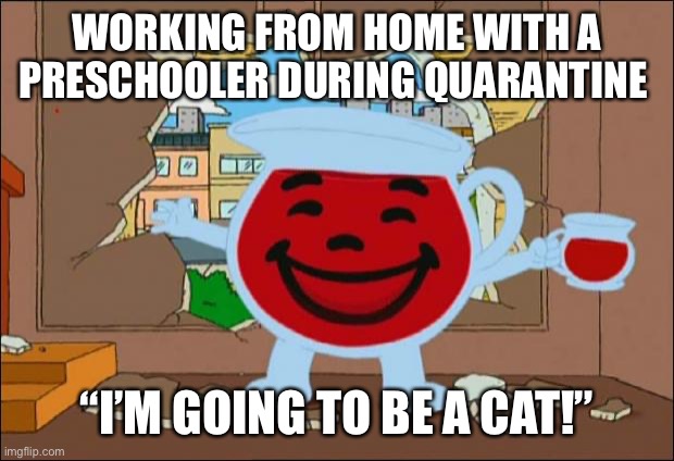Koolaid Man | WORKING FROM HOME WITH A PRESCHOOLER DURING QUARANTINE; “I’M GOING TO BE A CAT!” | image tagged in koolaid man | made w/ Imgflip meme maker