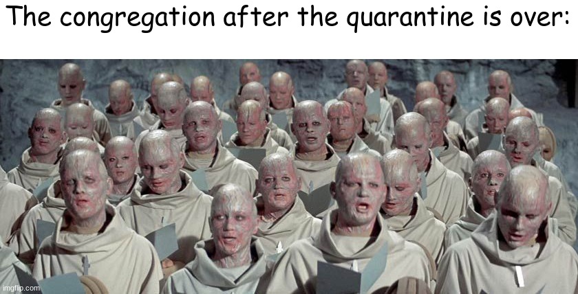 translucent | The congregation after the quarantine is over: | image tagged in quarantine,planet of the apes,covid-19 | made w/ Imgflip meme maker
