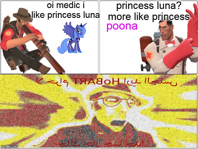Blank Comic Panel 2x2 Meme | oi medic i like princess luna; princess luna? more like princess; poona | image tagged in memes,blank comic panel 2x2 | made w/ Imgflip meme maker