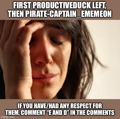 First World Problems Meme | FIRST PRODUCTIVEDUCK LEFT, THEN PIRATE-CAPTAIN_EMEMEON; IF YOU HAVE/HAD ANY RESPECT FOR THEM, COMMENT “E AND D” IN THE COMMENTS | image tagged in memes,first world problems | made w/ Imgflip meme maker