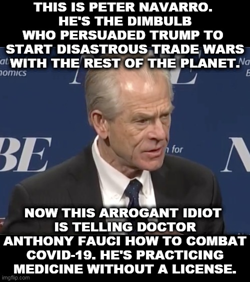 Trump has this weakness for arrogant idiots who fail a lot. And if it goes badly, Trump will throw him under a bus in a second. | THIS IS PETER NAVARRO. 
HE'S THE DIMBULB WHO PERSUADED TRUMP TO 
START DISASTROUS TRADE WARS WITH THE REST OF THE PLANET. NOW THIS ARROGANT IDIOT 
IS TELLING DOCTOR ANTHONY FAUCI HOW TO COMBAT COVID-19. HE'S PRACTICING MEDICINE WITHOUT A LICENSE. | image tagged in trump,coronavirus,covid-19,failure,medicine,doctor | made w/ Imgflip meme maker