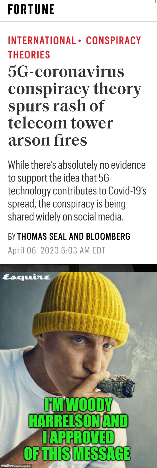 True Story.  People Believe 5g Technology Is Causing This. | I'M WOODY HARRELSON AND I APPROVED OF THIS MESSAGE | image tagged in conspiracy theory,5g,coronavirus,crazy | made w/ Imgflip meme maker