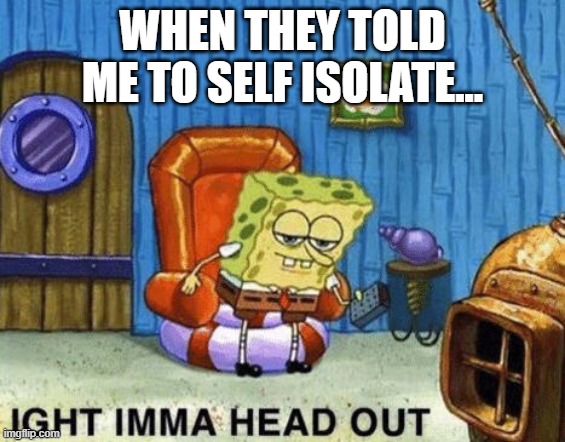 Ight imma head out | WHEN THEY TOLD ME TO SELF ISOLATE... | image tagged in ight imma head out | made w/ Imgflip meme maker
