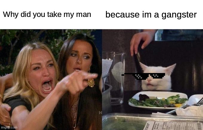 Woman Yelling At Cat | Why did you take my man; because im a gangster | image tagged in memes,woman yelling at cat | made w/ Imgflip meme maker
