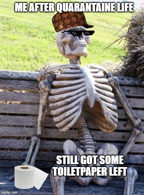 Waiting Skeleton | ME AFTER QUARANTAINE LIFE; STILL GOT SOME TOILETPAPER LEFT | image tagged in memes,waiting skeleton | made w/ Imgflip meme maker