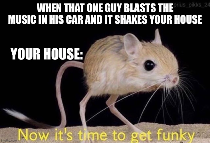 Now it’s time to get funky | WHEN THAT ONE GUY BLASTS THE MUSIC IN HIS CAR AND IT SHAKES YOUR HOUSE; YOUR HOUSE: | image tagged in now its time to get funky,memes,funny,funny memes,music,cars | made w/ Imgflip meme maker