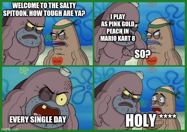 Welcome to the Salty Spitoon... | WELCOME TO THE SALTY SPITOON. HOW TOUGH ARE YA? I PLAY AS PINK GOLD PEACH IN MARIO KART 8; SO? HOLY ****; EVERY SINGLE DAY | image tagged in welcome to the salty spitoon | made w/ Imgflip meme maker