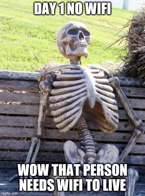 Waiting Skeleton Meme | DAY 1 NO WIFI; WOW THAT PERSON NEEDS WIFI TO LIVE | image tagged in memes,waiting skeleton | made w/ Imgflip meme maker