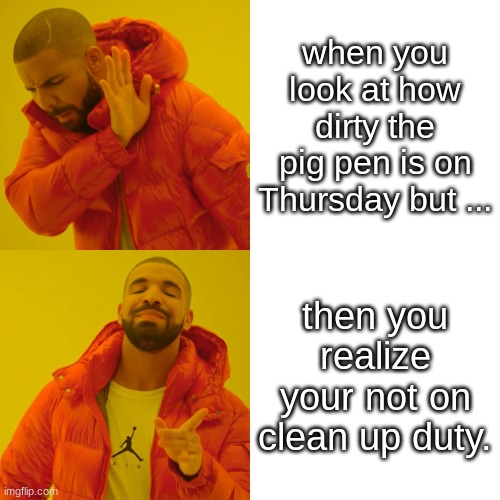 Drake Hotline Bling | when you look at how dirty the pig pen is on Thursday but ... then you realize your not on clean up duty. | image tagged in memes,drake hotline bling | made w/ Imgflip meme maker
