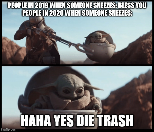 Baby Yoda | PEOPLE IN 2019 WHEN SOMEONE SNEEZES: BLESS YOU
PEOPLE IN 2020 WHEN SOMEONE SNEEZES: HAHA YES DIE TRASH | image tagged in baby yoda | made w/ Imgflip meme maker
