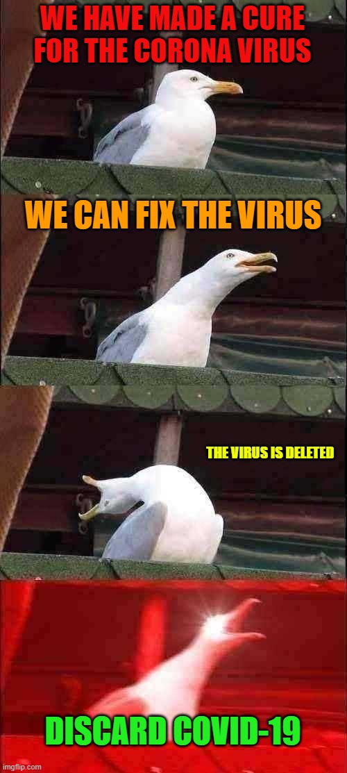 Inhaling Seagull | WE HAVE MADE A CURE FOR THE CORONA VIRUS; WE CAN FIX THE VIRUS; THE VIRUS IS DELETED; DISCARD COVID-19 | image tagged in memes,inhaling seagull | made w/ Imgflip meme maker