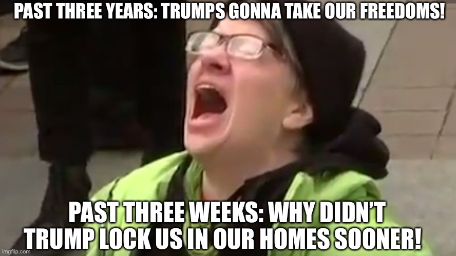 Screaming Liberal  | PAST THREE YEARS: TRUMPS GONNA TAKE OUR FREEDOMS! PAST THREE WEEKS: WHY DIDN’T TRUMP LOCK US IN OUR HOMES SOONER! | image tagged in screaming liberal | made w/ Imgflip meme maker