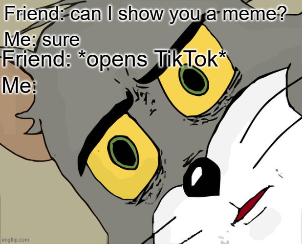 Unsettled Tom Meme | Friend: can I show you a meme? Me: sure; Friend: *opens TikTok*; Me: | image tagged in memes,unsettled tom,tiktok,funny,yeet | made w/ Imgflip meme maker