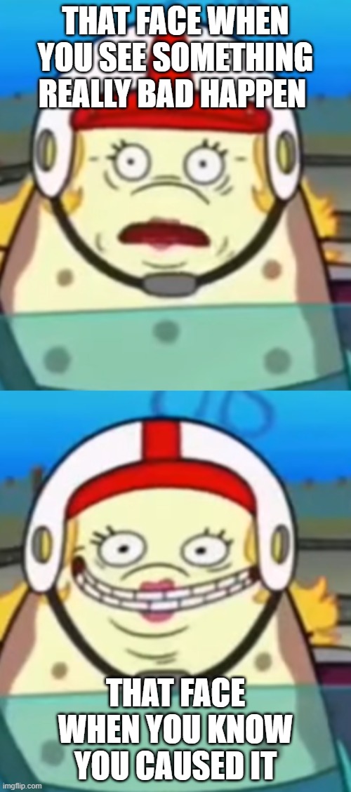 THAT FACE WHEN YOU SEE SOMETHING REALLY BAD HAPPEN; THAT FACE WHEN YOU KNOW YOU CAUSED IT | image tagged in mrs puff meme | made w/ Imgflip meme maker
