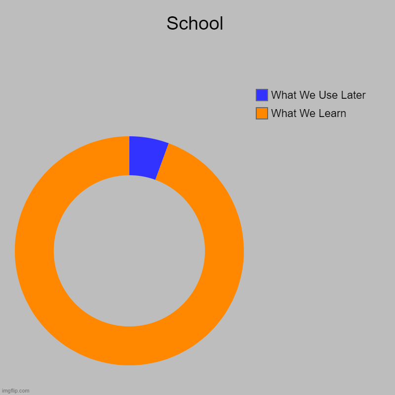 School | What We Learn, What We Use Later | image tagged in charts,donut charts | made w/ Imgflip chart maker