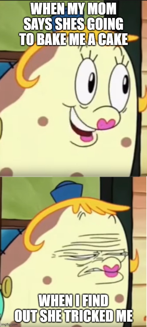 WHEN MY MOM SAYS SHES GOING TO BAKE ME A CAKE; WHEN I FIND OUT SHE TRICKED ME | image tagged in mrs puff face | made w/ Imgflip meme maker