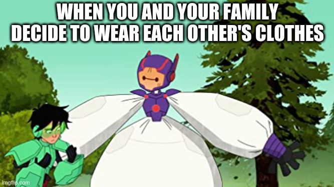 WHEN YOU AND YOUR FAMILY DECIDE TO WEAR EACH OTHER'S CLOTHES | image tagged in big hero 6 | made w/ Imgflip meme maker