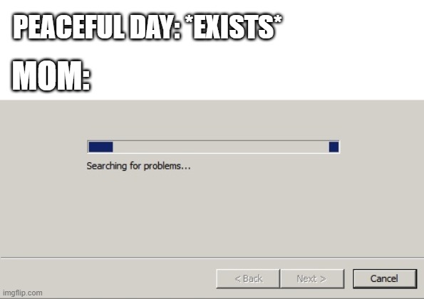 Searching for problems | PEACEFUL DAY: *EXISTS*; MOM: | image tagged in searching for problems | made w/ Imgflip meme maker