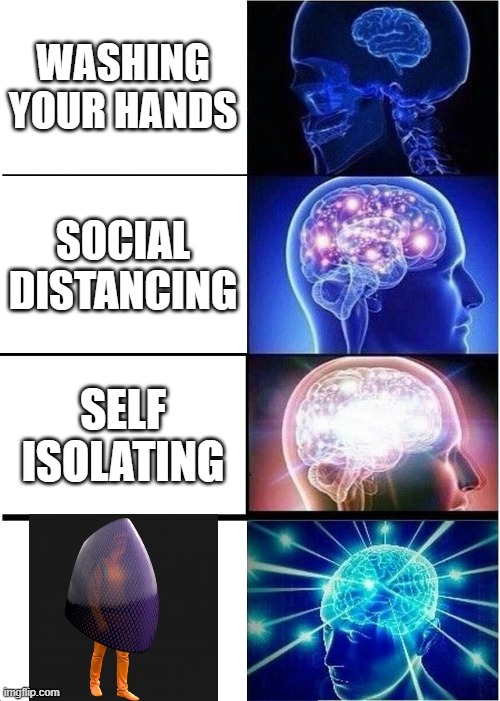 Expanding Brain Meme | WASHING YOUR HANDS; SOCIAL DISTANCING; SELF ISOLATING | image tagged in memes,expanding brain | made w/ Imgflip meme maker