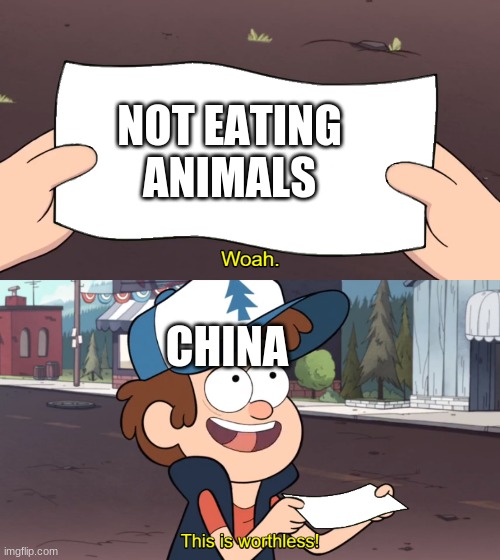 This is Worthless | NOT EATING ANIMALS; CHINA | image tagged in this is worthless | made w/ Imgflip meme maker