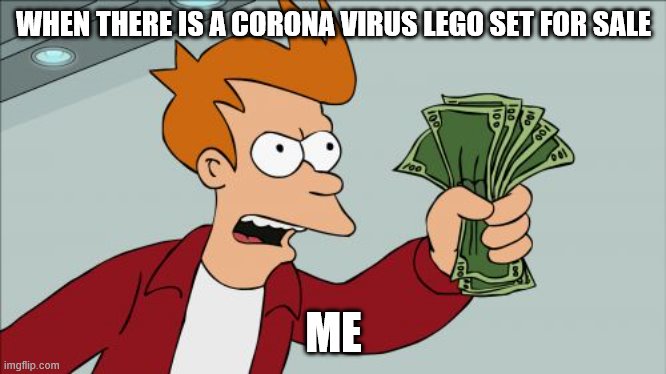 Shut Up And Take My Money Fry | WHEN THERE IS A CORONA VIRUS LEGO SET FOR SALE; ME | image tagged in memes,shut up and take my money fry | made w/ Imgflip meme maker