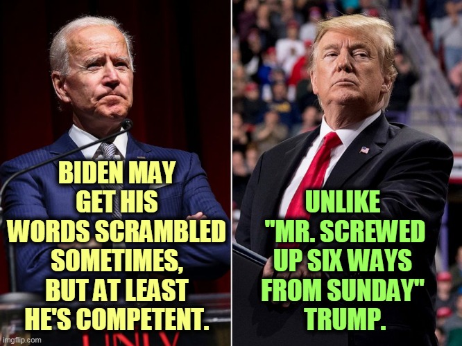 Trump still doesn't understand the job, and he never will. Biden understands what the job entails and he can do it. | BIDEN MAY GET HIS WORDS SCRAMBLED SOMETIMES, BUT AT LEAST HE'S COMPETENT. UNLIKE 
"MR. SCREWED UP SIX WAYS 
FROM SUNDAY" 
TRUMP. | image tagged in biden,words,trump,action,screwed up | made w/ Imgflip meme maker