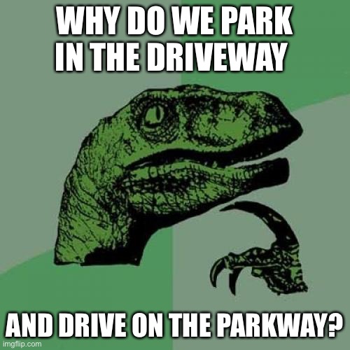 Philosoraptor | WHY DO WE PARK IN THE DRIVEWAY; AND DRIVE ON THE PARKWAY? | image tagged in memes,philosoraptor | made w/ Imgflip meme maker