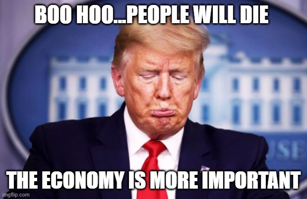 BOO HOO...PEOPLE WILL DIE; THE ECONOMY IS MORE IMPORTANT | image tagged in trump | made w/ Imgflip meme maker
