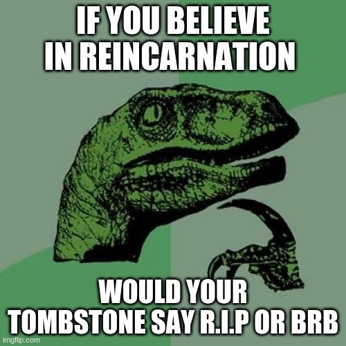 Philosoraptor | IF YOU BELIEVE IN REINCARNATION; WOULD YOUR TOMBSTONE SAY R.I.P OR BRB | image tagged in memes,philosoraptor | made w/ Imgflip meme maker