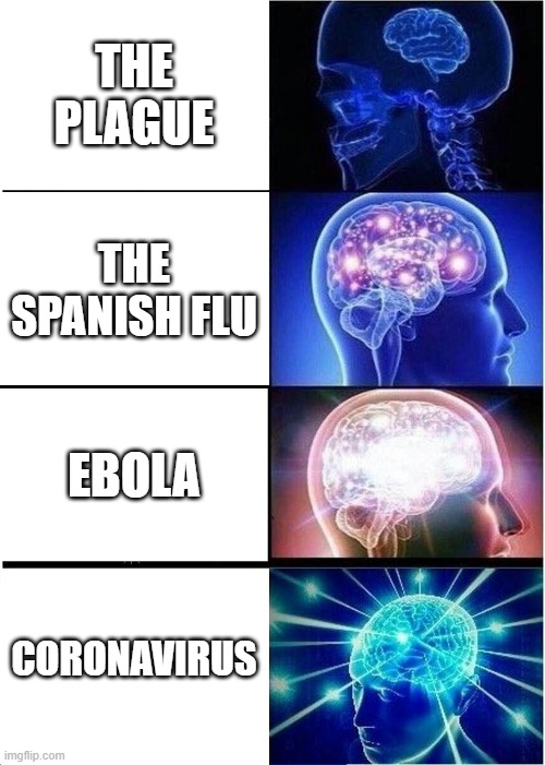 evolution of deth | THE PLAGUE; THE SPANISH FLU; EBOLA; CORONAVIRUS | image tagged in memes,expanding brain | made w/ Imgflip meme maker