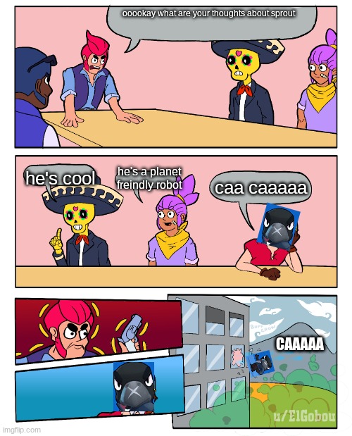 that meeting | ooookay what are your thoughts about sprout; he's cool; he's a planet freindly robot; caa caaaaa; CAAAAA | image tagged in brawl stars boardroom meeting suggestion | made w/ Imgflip meme maker
