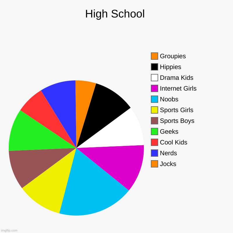 High School | Jocks, Nerds, Cool Kids, Geeks, Sports Boys, Sports Girls, Noobs, Internet Girls, Drama Kids, Hippies, Groupies | image tagged in charts,pie charts | made w/ Imgflip chart maker