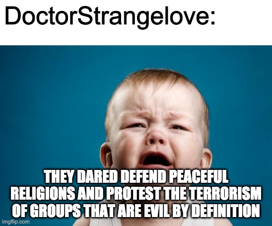 BABY CRYING | DoctorStrangelove: THEY DARED DEFEND PEACEFUL RELIGIONS AND PROTEST THE TERRORISM OF GROUPS THAT ARE EVIL BY DEFINITION | image tagged in baby crying | made w/ Imgflip meme maker
