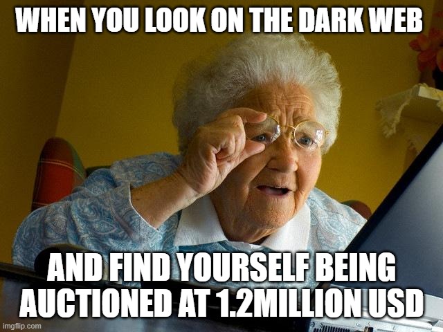 Grandma Finds The Internet | WHEN YOU LOOK ON THE DARK WEB; AND FIND YOURSELF BEING AUCTIONED AT 1.2MILLION USD | image tagged in memes,grandma finds the internet | made w/ Imgflip meme maker